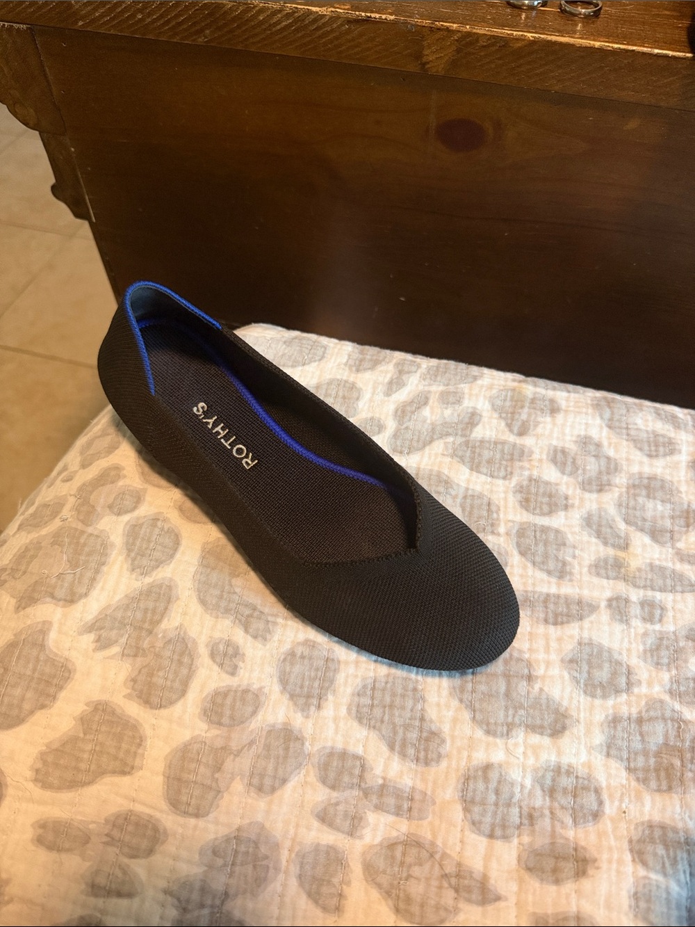Rothy's Black Knit Ballet Flat with Royal Blue Trim